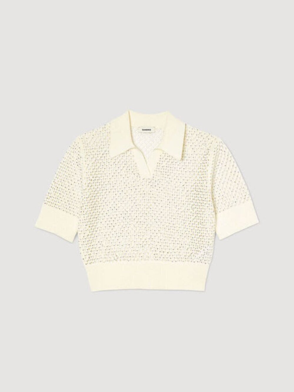 SANDRO CROPPED KNIT POLO SHIRT RHINESTONE XS